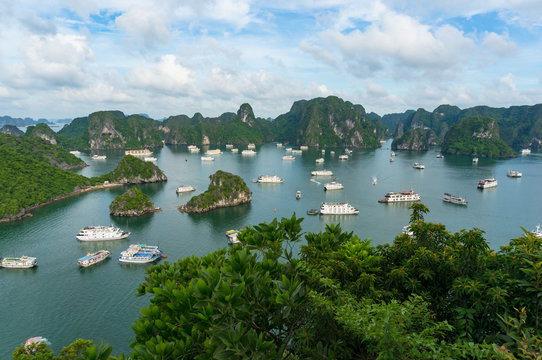 Aerial view of spectacular Halong Bay with cruise boats