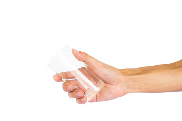 Hand holding empty glass water isolated on white background with clipping path.