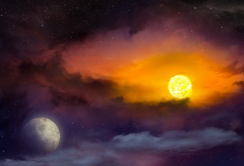 Red sunset and moon . Beautiful sunset with moon . Dramatic nature background . Moon sky and clouds .Full moon background  . Light in dark sky 
