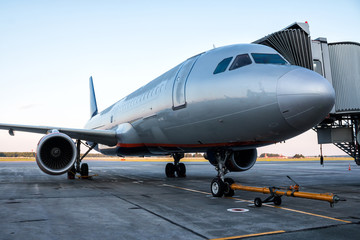 Fototapeta na wymiar Passenger airplane parked to a jetway