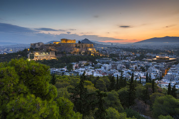 View of Athens from Filopappou hill at sunrise, Greece. 
