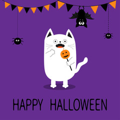 Spooky frightened cat holding pumpkin face on stick. Happy Halloween. Flag garland. Hanging bat, spider dash line. Bunting flags. Funny Cute cartoon baby character. Flat design. Violet background.