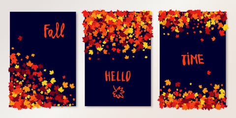 Three banners with scattered maple leaves in traditional Fall colors - orange, yellow, red, brown. Vector flyer templates for postcards, advertise design, gift certificates. All isolated and layered