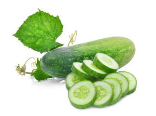 whole and slice of fresh cucumber with green leaves isolated on white background