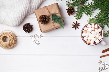 Winter season accessories: hot cocoa, fir branches and knitted sweater