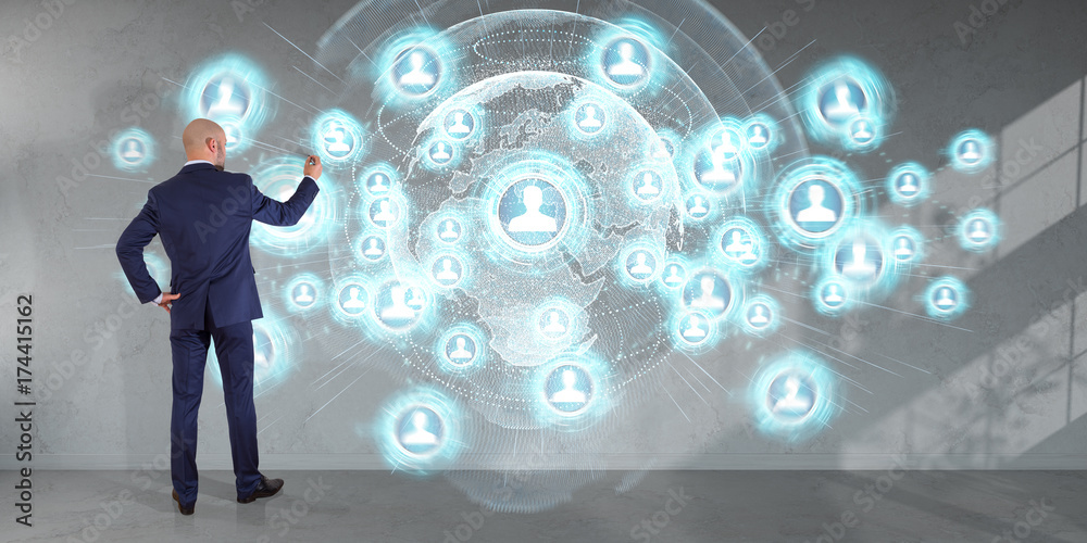 Poster Businessman using social network interface on a wall 3D rendering