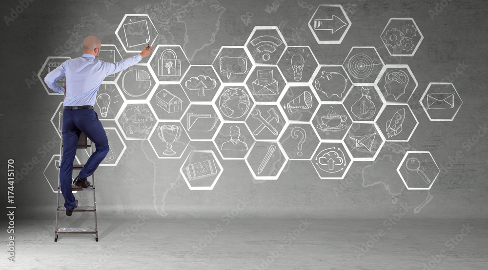 Poster businessman drawing multimedia interface sketch on a wall 3d rendering