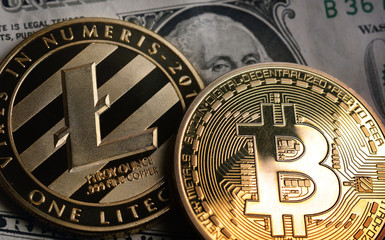Fototapeta na wymiar Bitcoin and Litecoin over dollar banknotes.