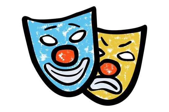 Zwei Theater-Masken mit roten Karnevals-Nasen / Kreidezeichnung, Vektor, freigestellt