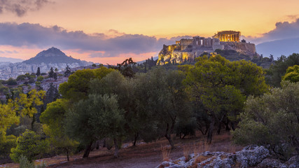 Morning view of Acropolis from Pnyx in Athens, Greece. 
