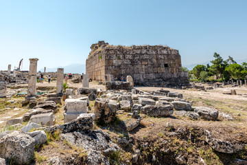 Fototapeta na wymiar Ancient ruins in Hierapolis, Pamukkale, Turkey. UNESCO World Heritage.25 August 2017