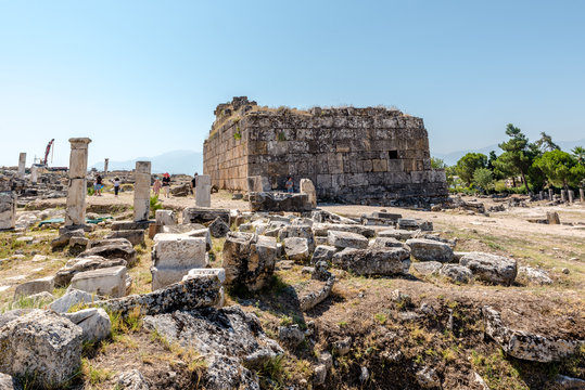 Ancient ruins in Hierapolis, Pamukkale, Turkey. UNESCO World Heritage.25 August 2017