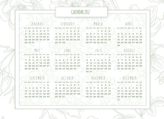 Yearly retro calendar white background green floral border