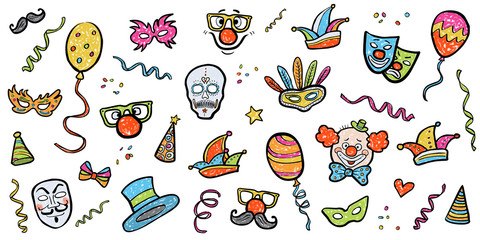 Set: Handgezeichnete Karnevals-Symbole / farbenfroh, Kreidezeichnung, Vektor, freigestellt
