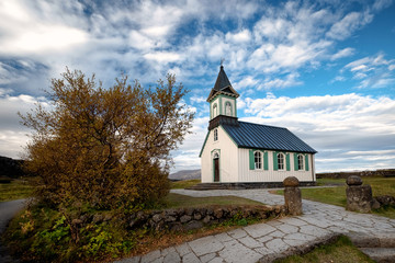 Famous Thingvellir with white church, Iceland.