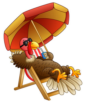 Cartoon turkey bird sitting on beach chair