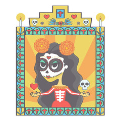 Beautiful sugar skull woman in Mexican Halloween style ornaments frame with religious signs, colorful vector drawing
