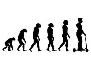Fototapeta na wymiar Theory evolution of human. From monkey to man on scooter .