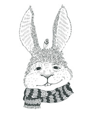 Vector illustration. Portrait of the smiled hare with scarf