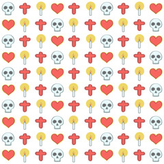 Colorful vector background pattern in Mexican Halloween style with skulls, candles and hearts on white background