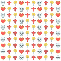 Colorful vector background pattern in Mexican Halloween style with skulls, candles and hearts on white background