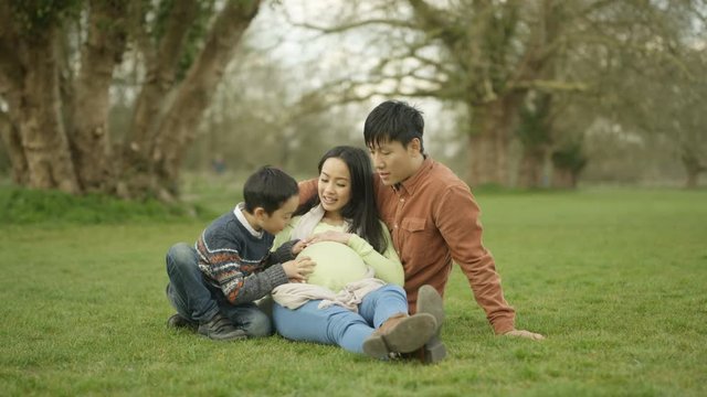  Happy family relaxing in the park parents expecting baby with cute little boy