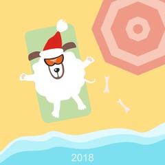 Dog relax on the beach. top view. Symbol of the year 2018. Happy New Year and Merry Christmas! Greeting card. Vector illustration. 