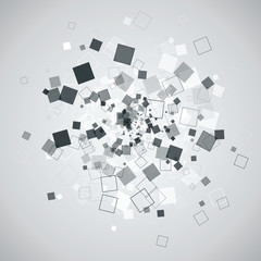 Abstract explosion from random placed monochrome squares. Vector modern technology background