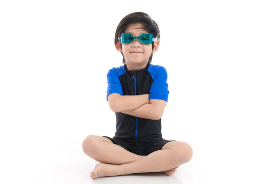 Asian Child In Swimsuit On White Background Isolated