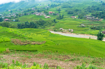 Fototapeta premium Countryside mountain landscape with rice terraces and villages