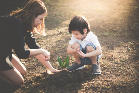 Cute Asian child and mother planting young tree on the black soil