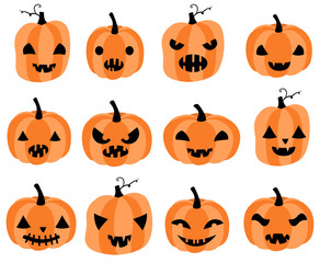 Vector set with carved Halloween pumpkins with different face expressions for greeting cards, invitations and scrapbooking