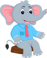 funny baby elephant cartoon sitting on wood with waving and smile