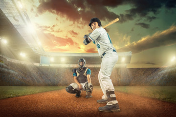 Baseball players in action on the stadium.