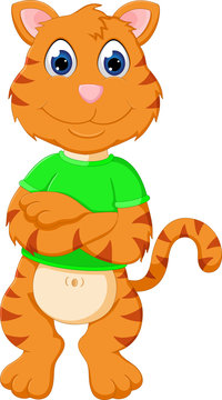 cute baby tiger cartoon standing with smile and enjoying