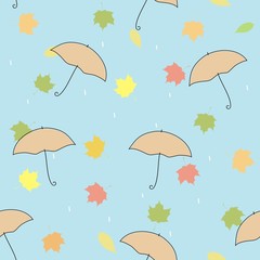 Autumn seamless pattern with umbrellas and maple leaves on a blue background