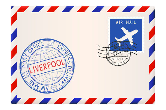 Envelope with Liverpool stamp. International mail postage with postmark and stamps