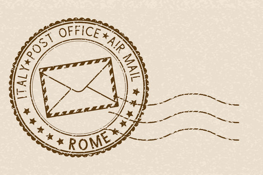 Postal stamp, round brown postmark with envelope icon. ROME, Italy