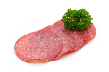 Salami slices isolated on white background.