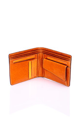 One purse, genuine leather with embossing ,black brown colors,Fashionable men's accessory To store money on a white background