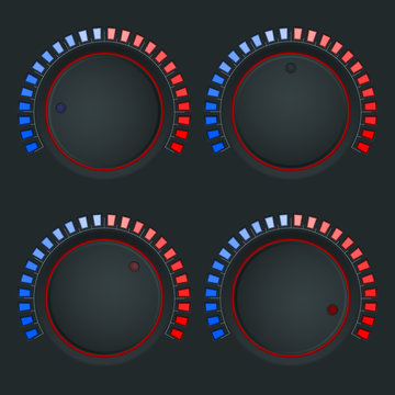 Set of fan temperature black knob switches. On black background