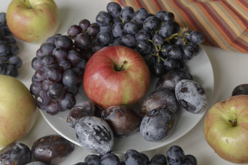 Fresh fruits in a plate on a white background.