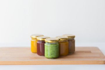 vegetable or fruit puree or baby food in jars