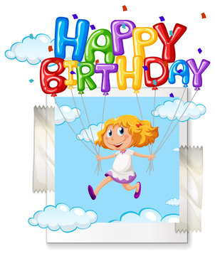 Girl with happy birthday balloon on photoframe