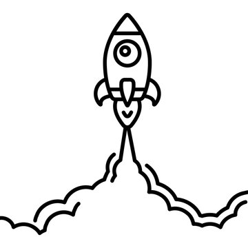 recommend clip art: Minimalistic rocket launch line icon. Rocket illustration with clouds, space and launch fire, line art.