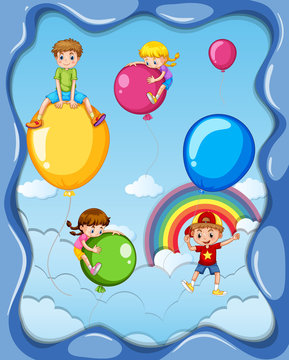 Many children and colorful balloons in sky