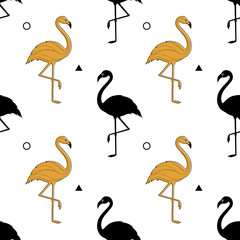 Seamless pattern with a silhouette of a golden flamingo on a white background. Vector. A simple pattern. Vector illustration.