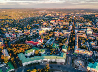 Fototapeta premium Aerial panoramic view on central park in Poltava city, Ukraine. Sunset, low light image.