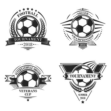 Set of sport vector logotypes or emblems in retro style. Soccer Championship. Football Tournament. Veterans Cup.