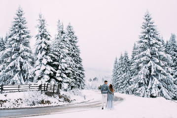 Young pretty pair of lovers. Winter. Date. A pair of lovers on a date in the mountains.